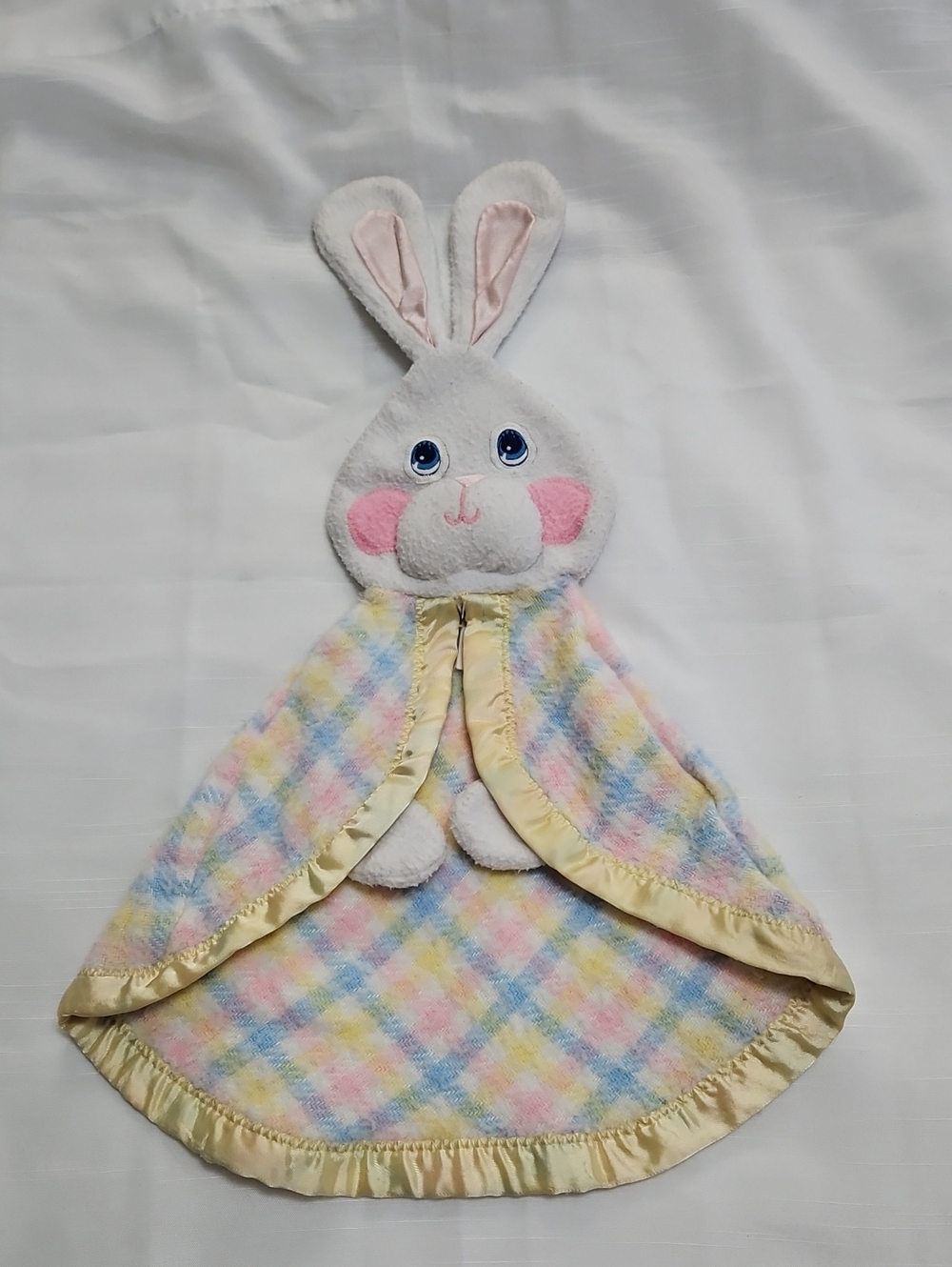 Fisher-Price 1979 Plush Bunny Lovey Security Blanket in Pastel Plaid Satin Trim